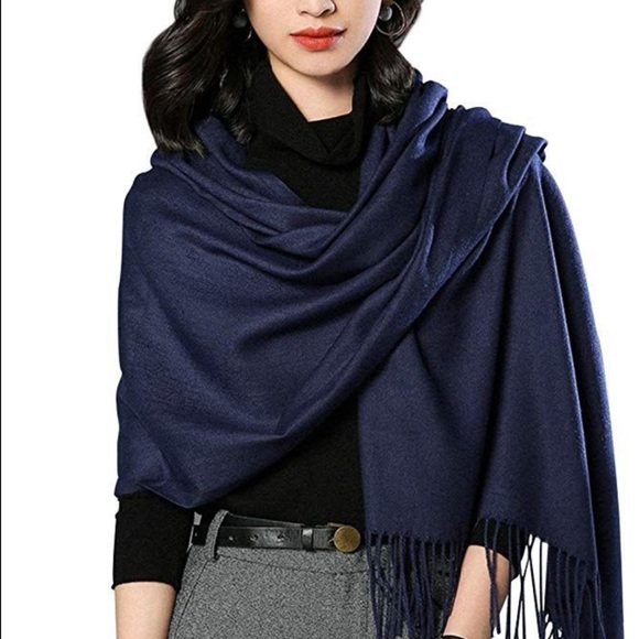 Oversized navy blue pashmina long scarf wrap cover up big kimono shawl woven